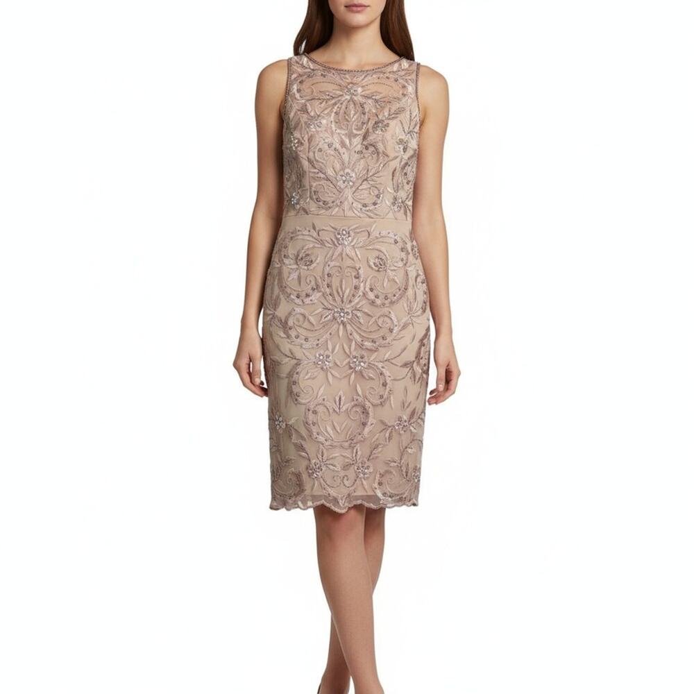 Sue Wong Nocturne Nude Floral Embroidered Beaded Sleeveless Cocktail Dress 4